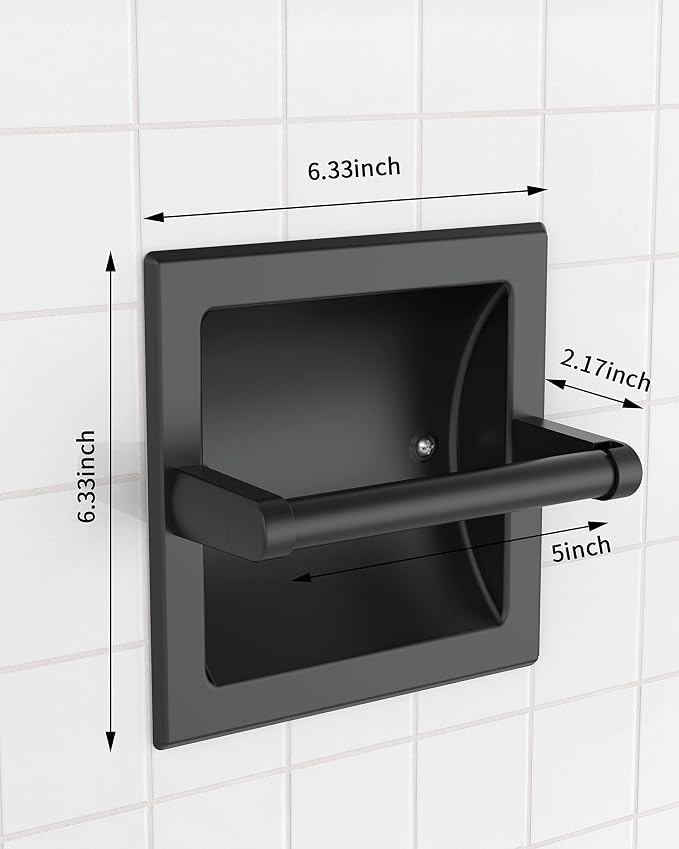 Matte Black Recessed Toilet Paper Holder for Large Rolls, Pivoting Black Toilet Paper Holder Wall Mount Stainless Steel, in Wall Toilet Paper Holders Black, Bathroom Toilet Paper Wall Holder