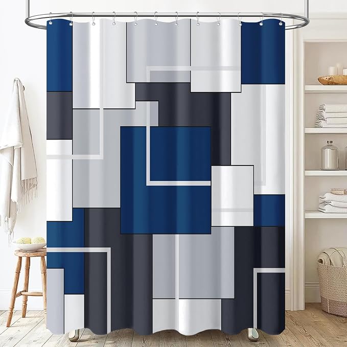 72x96 Tall Geometric Waterproof Fabric Shower Curtain Set, Navy Blue | Extra Long, Premium Polyester, Weighted Hem, 12 Plastic Hook, Vibrant Color, Wrinkle-resistant, Quick-Dry, Machine Washable