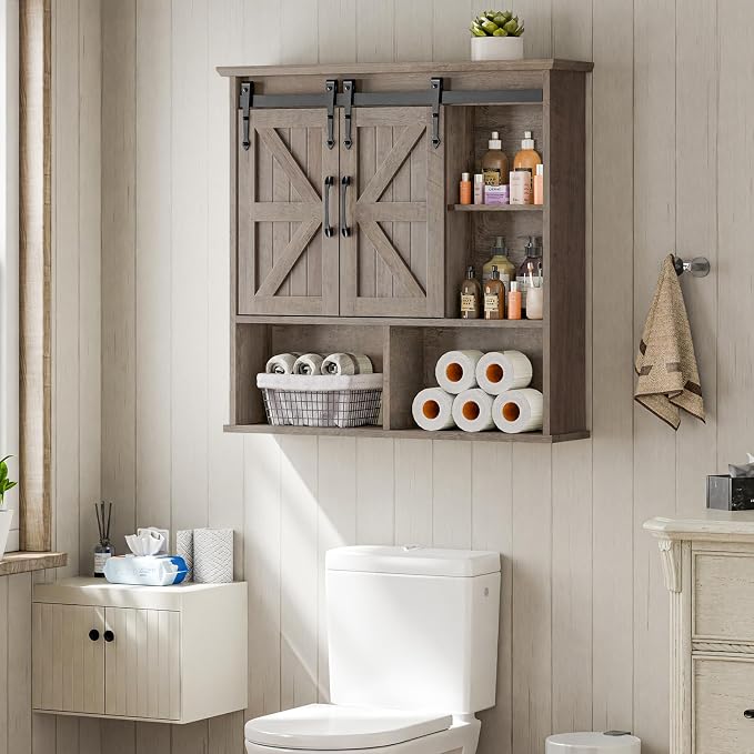 Vabches Bathroom Wall Cabinet, Farmhouse Medicine Cabinet, Washed Oak | Wooden Vintage Storage Cabinet Wall Mounted with Double Sliding Barn Door and Adjustable Shelf for Bathroom, Kitchen