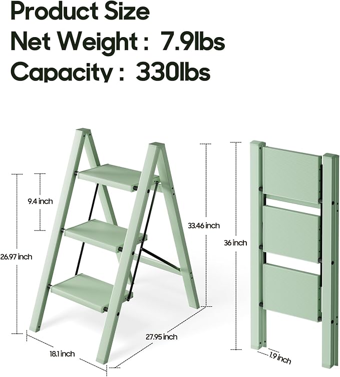 HillhutApex Aluminum Step Stool Foldable,3 Step Ladder (Pale Green) | Lightweight Portable step ladder with Anti-Slip Wide Pedal,330lbs Capacity Ladder for Household,Office,Kitchen