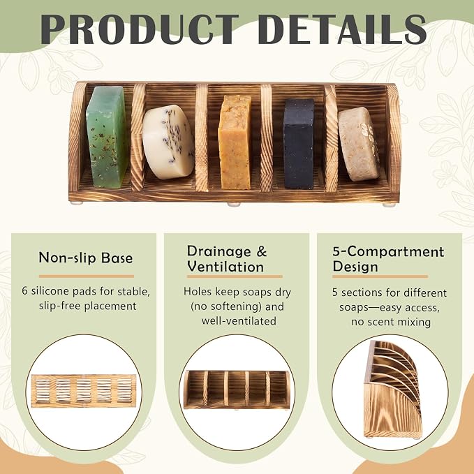 Wooden Shampoo Bar Holder Multi Bar Soap Dish with Self Draining, 5 Slot, Natural Soap Holder for Shower Conditioner Bathroom Organizer, Keep Dry and Neat, 10.24 x 3.35 x 3.15 inch