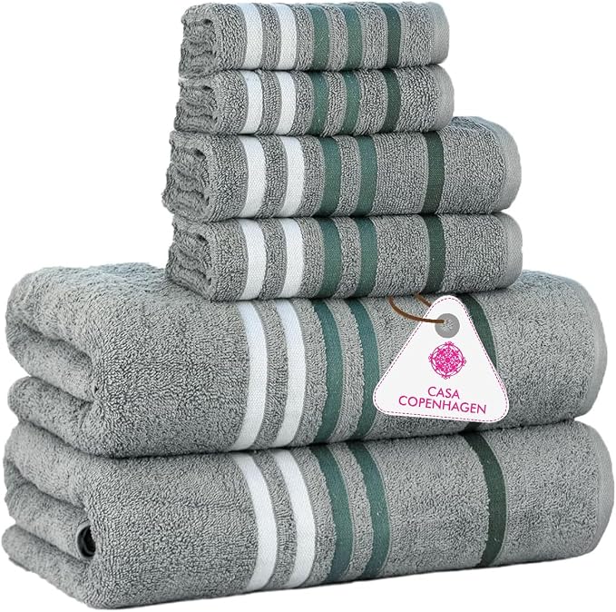 CASA COPENHAGEN 6pcs Bathroom Towel Gift Set, 550 GSM, Pine Grey | Exotic 100% Egyptian cotton,2 Bath Towel 2 Hand Towel 2 Washcloth Towels. (Gift Set for Women & Men)