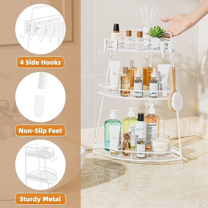 VITVITI 3 Tier Bathroom Counter Organizer Corner Vanity Shelf Storage White | Metal Mesh Bathroom Countertop Organizer, Bath Room Sink Makeup Organizers for Skincare Perfume Lipstick, with Hooks