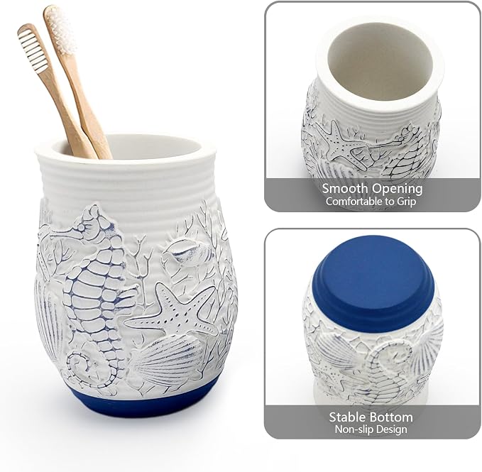 Beach Theme Bathroom Accessory Sets 4PCs Bathroom Set Complete Embossed Seashell Starfish Design Includes Lotion Dispenser Toothbrush Holder Tumbler Cup & Soal Dish