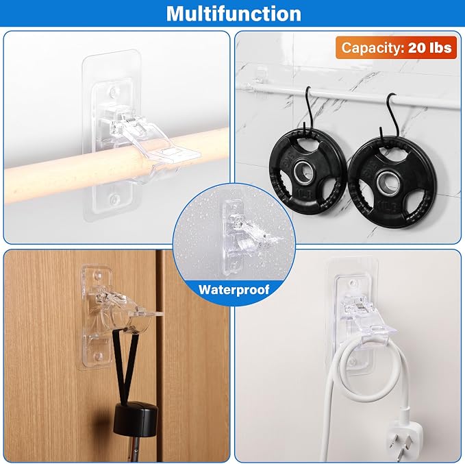 Antimbee 6-Pack No Drill Needed Curtain Rod Holders, Self Adhesive Rod Brackets, Multipurpose Nail-Free Stick on Curtain Rod Hooks Hangers for Dorm, Kitchen, Home, Bathroom, Transparent
