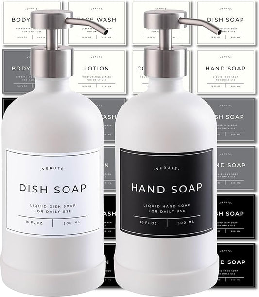 Hand and Dish Soap Dispenser for Kitchen and Bathroom, Set of 2 16 Oz Glass Bottles, Stainless Steel Pumps, Non-Slip Silicone Base, 27 Waterproof Labels (Matte White Bottle/Brushed Silver Pump)