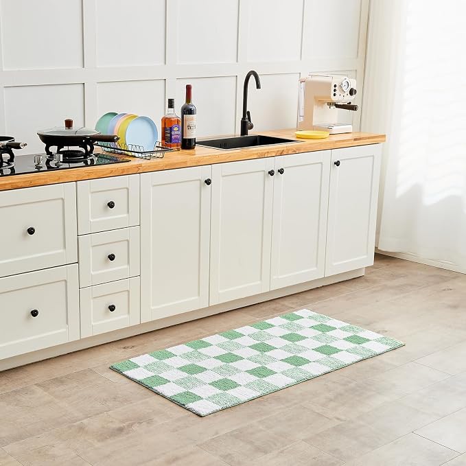 CozeCube Sage Green Checkered Bath Mat 36"x24" Non Slip Washable Rug | For Bathroom Non Slip, Fluffy Absorbent Microfiber Bath Mats Machine Wash, Stylish Large Aesthetic Bathroom Rugs