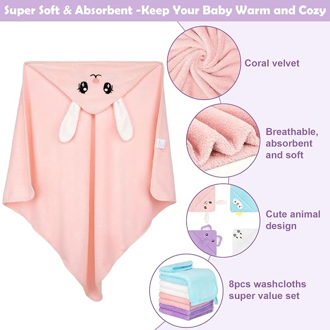 12 PCS Baby Bath Towels Set for Infants Toddlers Essentials | 4 PCS Baby Towels & 8 PCS Washcloths Set, Cute Animal Hooded, Ultra Absorbent & Soft, Newborn Shower Gifts for Boys & Girls