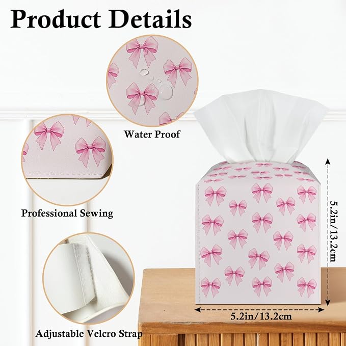 Pink Bow Tissue Box Covers Square, Leather Tissue Box Holders Decorative for Car Nightstand Home Office Bathroom Organizer, Square Facial Paper Organizer Home Decor -017