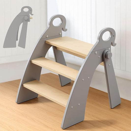 Step Stool for Toddlers & Kids, Bathroom Sink, 3-Step Foldable, Gray | Wooden Bamboo, Cute Elephant Handles, Non-Slip Pads, Potty Training & Kitchen Helper, 300-lb Capacity, Foldable for Storage