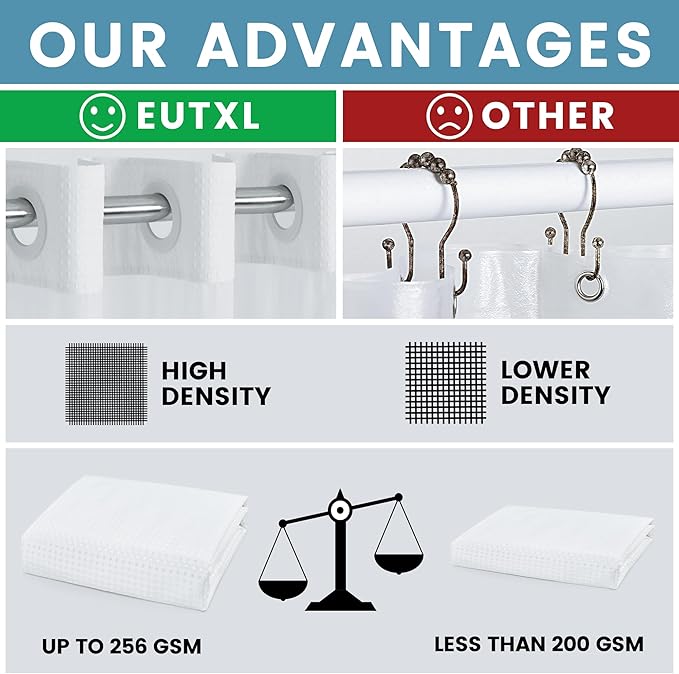 EUTXL Heavyweight No Hook Shower Curtain with Liner, White, 36x74 | Snap in Liner, Thick Waffle Fabric, Hotel Quality, Corner Magnets, Waterproof & Washable