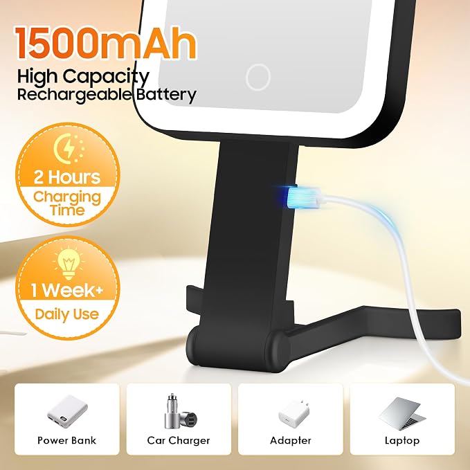 Small Travel Makeup Mirror with Lights(10" L x 5" W), Double-Sided 1X/30X Magnifying Mirror, 3 Color Lighting & Brightness Adjustable, Portable &Foldable Mirrors with Light (Black)
