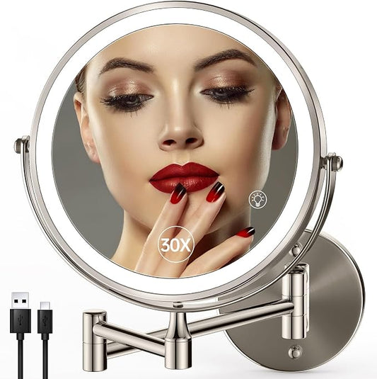 9" Wall Mounted Lighted Makeup Mirror, 30X/1X Magnifying Mirror with Lights | 3000mAh Rechargeable, Touch Control, 3 Color Brightness Dimmable, Extendable Arm 360°, Brushed Nickel