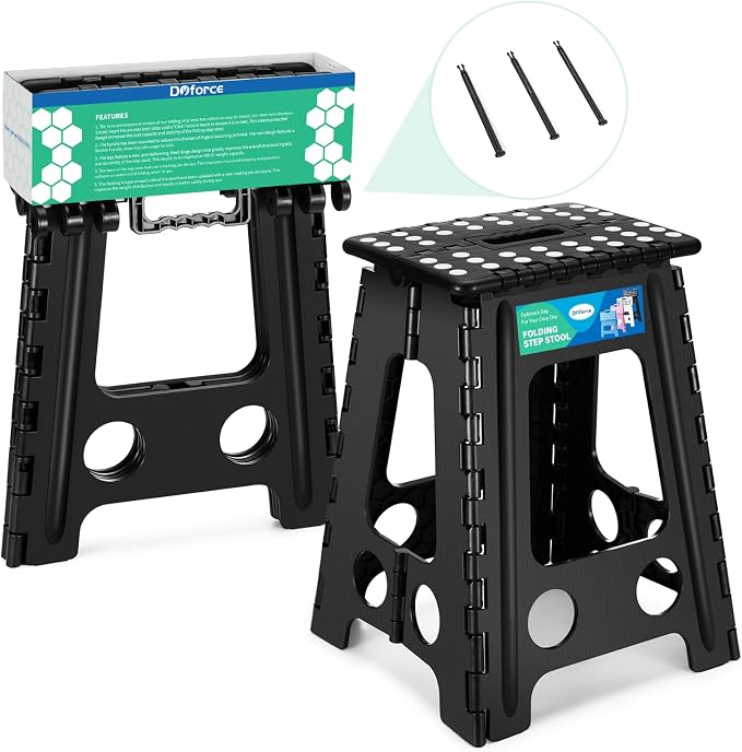 Dyforce Folding Step Stool 17.5 Inch,400lbs Foldable Step Stool for Adults | Step Stool Foldable Black,Non-Slip Plastic Stepping Stool with Carry Handle,Lightweight for Bathroom Kitchen Bedroom Garden