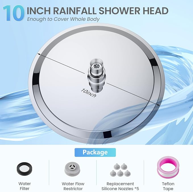 10 Inch Chrome Round Rain Shower Head, All Metal Stainless Steel Rainfall Shower Heads with 100 Anti-Clog Silicone Nozzles, Wall or Ceiling Mount
