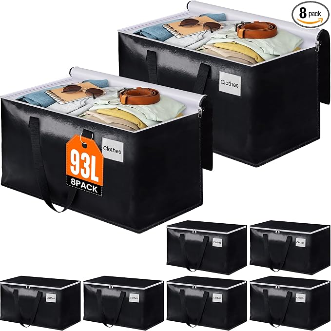 Heavy Duty Moving Bags, Extra Large Storage Bags, 93L, 8-Pack, Black | Foldable, with Zippers, Tag Pocket & Handles, Reusable, Space-saving, Water-Resistant, for moving & storage, Versatile Use