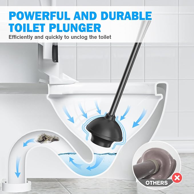 Toilet Plunger and Brush Set, Bowl Brush and Heavy Duty Toilet Plunger with Ventilated Holder, 2-in-1 Toilet Brush and Plunger Combo for Bathroom Deeply Cleaning（Black）