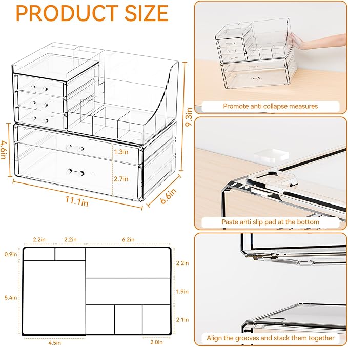 2 Pack Clear Makeup Organizer Countertop for Dresser,Vanity and Bathroom Counter Organizer,Tiered Stackable Makeup Acrylic Organizers with 5 Drawer for Skincare,Brush and Make up Holders
