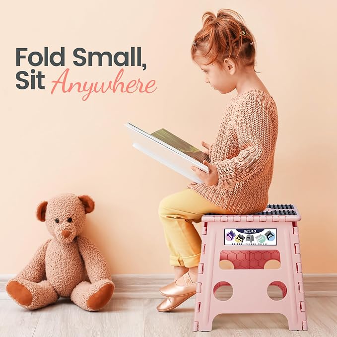 Delxo Folding Step Stool 13 Inch,300 Lbs Step Stool for Adults Pink | Foldable Step Stool 13",Non-Slip Foot Stools with Handle,Lightweight Collapsible stools for Kitchen,Bathroom,Bedroom,Garden