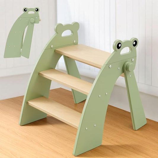 Wooden Step Stool for Toddlers, 3 Foldable Step Stool for Kids Bathroom Sink & Potty Training, Bamboo Toddler Stool with Green Frog Handles and Non-Slip Pads for Bedroom, Kitchen Helper