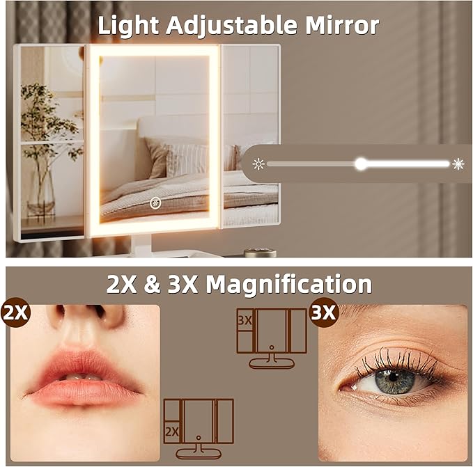 Small Makeup Vanity Desk 27.5''W with Mirror and Lights, 3 Drawers | USB Lighted Mirror, Height-Adjustable Stand, Fabric Drawers, Girls/Kids Gifts, Bedroom, Small Space, Dorm, Black