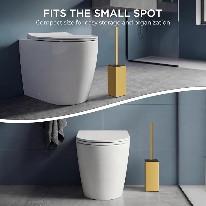 FORIOUS Toilet Brush, 2 Toilet Bowl Brush Head Square Short Gold | Heavy Duty 304 Stainless Steel Base, Silicone and Plastic Brush Heads, 360° Deep Cleaning, Drip-Proof, Splash-Proof Design