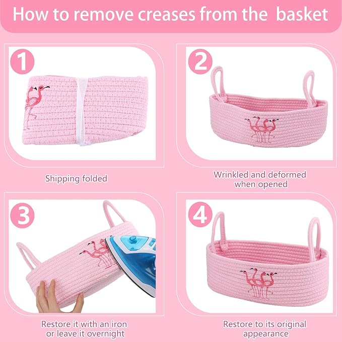 Vesici Pink Flamingo Bathroom Basket Woven Cotton Rope Storage 13x6x4 Inch | Boho Decor Basket for Countertop, Toilet Tank Organizer with Handles, Nursery Toys Storage, Bedroom Decorative Bin