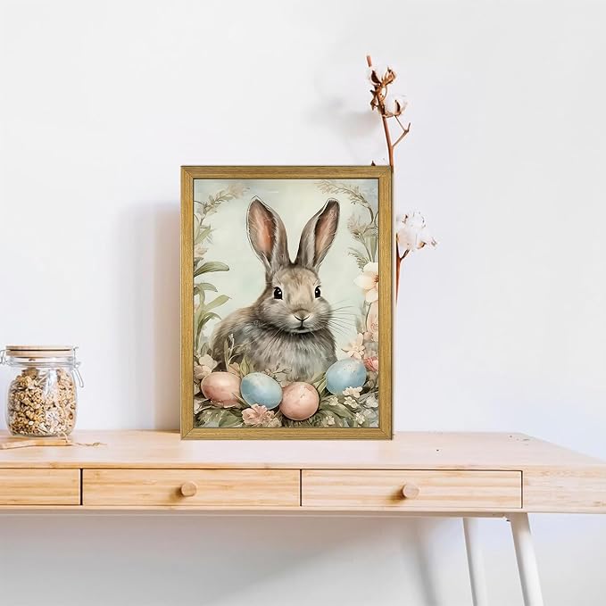 Easter Bunny Wall Art, Vintage Rabbit Canvas Wall Decor, Easter Eggs Poster Print Picture, Spring Farmhouse Animal Painting for Living Room Bedroom Kitchen Holiday Home Decor 12x16 Inch Wood Framed