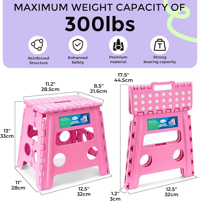 Dyforce Folding Step Stool 13 Inch,300lbs Foldable Stool for Adults & Kids | Stepping Stool Pink,Non-Slip Plastic Compact Foot Stool with Carry Handle,Lightweight for Bathroom Kitchen Bedroom Garden