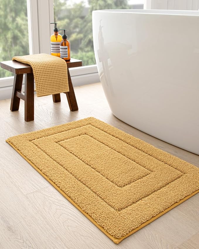 DEXI Bathroom Rugs 32x20, Non-Slip and Absorbent Bath Mat, Yellow | Machine Washable, Soft Plush Microfiber Bathmat with Rubber Back, Quick Dry Rug for Shower, Tub, Sink