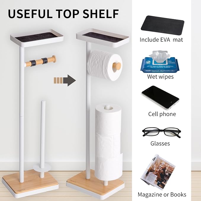 Clasin Home Toilet Paper Holder Stand, Free Standing Toilet Paper Holder with Storage and Top Shelf, White Toilet Paper Stand Weighted Base with Bamboo Design for Bathroom