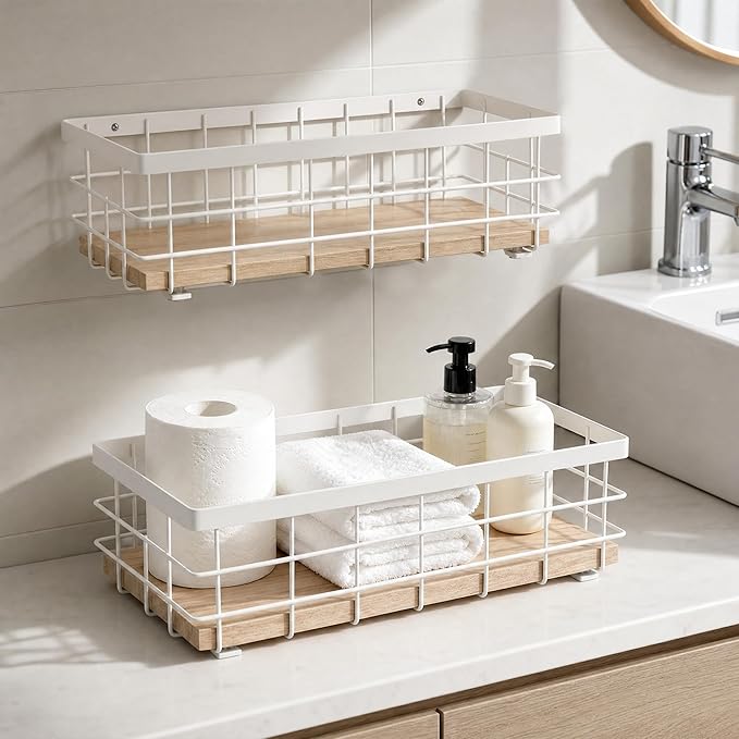 TJ.MOREE Small Metal Wire Basket, Decorative Wood Base Organizer for Bathroom, Kitchen, Basket for Toilet Paper Storage, Sugar Packet, Coffee Syrup, Guest Towel Napkin, White 2-Pack