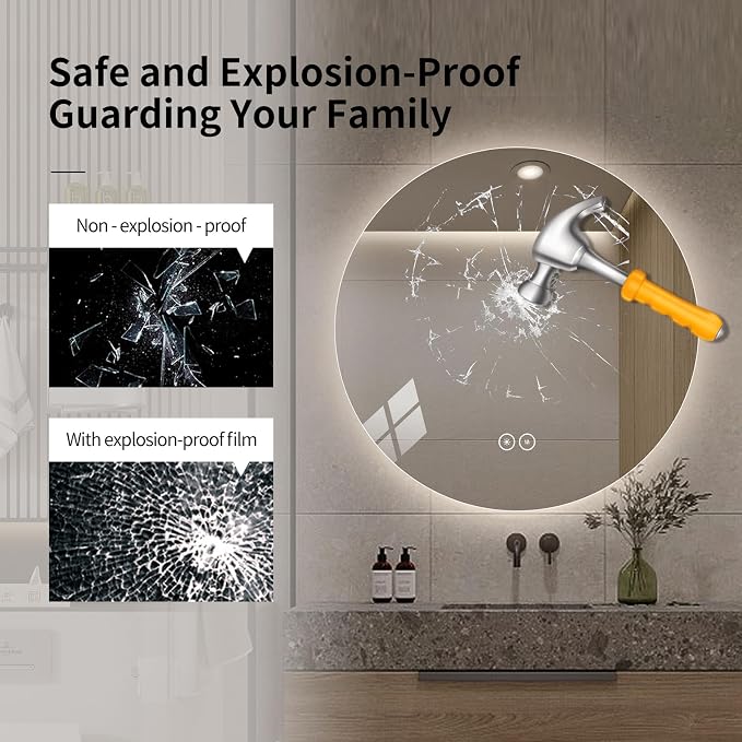LAIYA 32 Inch Round LED Bathroom Mirror Frameless Backlit Anti-Fog Dimmable | Touch control, 24V IP65 strip, CRI 95+, 3000K-6000K colors, 10%-100%, memory, 5mm copper-free glass, 3-5 min defog, wall kit.