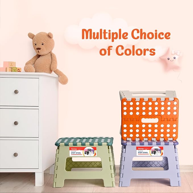 Folding Step Stool 9 Inch for Kids, 300 lbs, Bicolor Orange | Lightweight Plastic Small Foldable Step Stool with Handle, Non-Slip, for Kitchen, Bathroom, Bedroom and Closet
