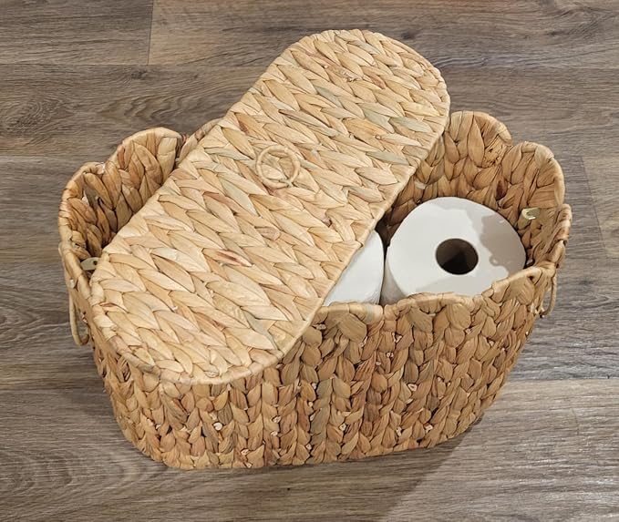 Narrow Wicker Toilet Paper Holder Basket with Lid, Scalloped Wicker Storage Basket with Lid,Woven Curve Basket,Rattan Bathroom Organizers and Storage Baskets- Holds Up to 9 Mega Rolls