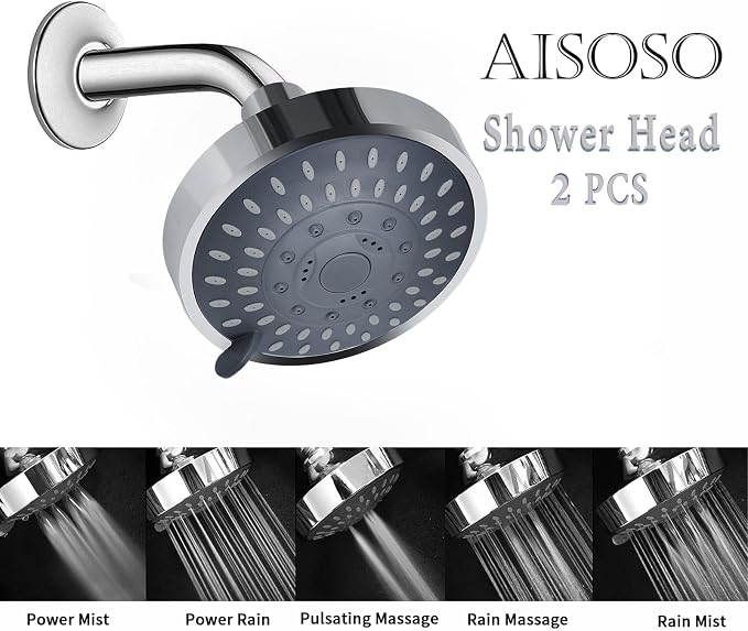 AISOSO High Pressure Rain Shower Head 2PCS 5 Modes 4.1 Inch Chrome | Low Water Pressure Compatible, Powerful Spray Fixed Showerhead for a Relaxing Indoor & Outdoor Shower
