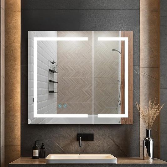Blossom LED Medicine Cabinet Mirror for Bathroom 30x26, Lighted Medicine Cabinet with Mirror, Recessed/Surface Mount, Anti-Fog, Adjustable Brightness, Makeup, Wall Mounted Storage Cabinet