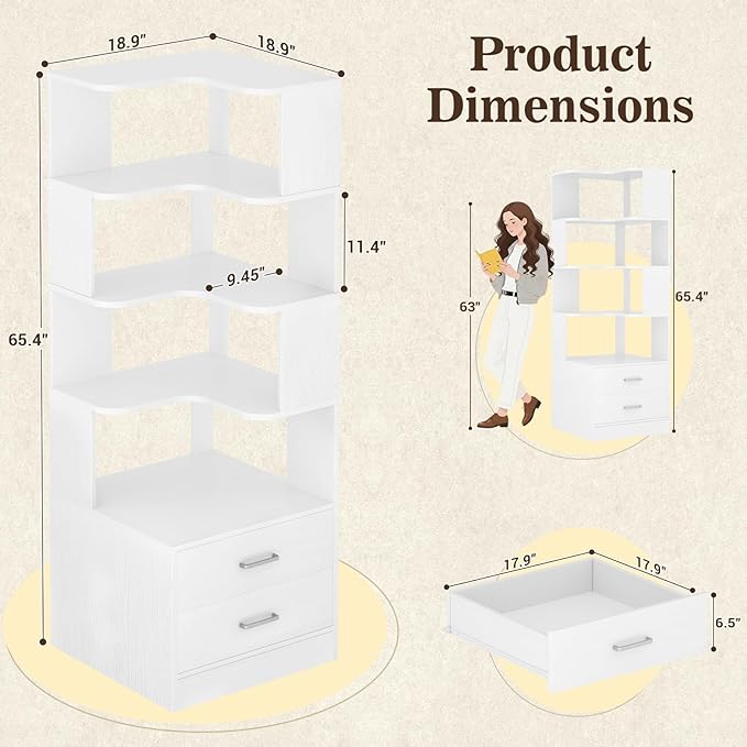 Corner Book Shelf with Drawers, Small Corner Shelf with Drawers | L Shaped BookShelf 6-tier Bookcase for Bedroom Storage, Living Room, Home Office, Kitchen Pantry, White