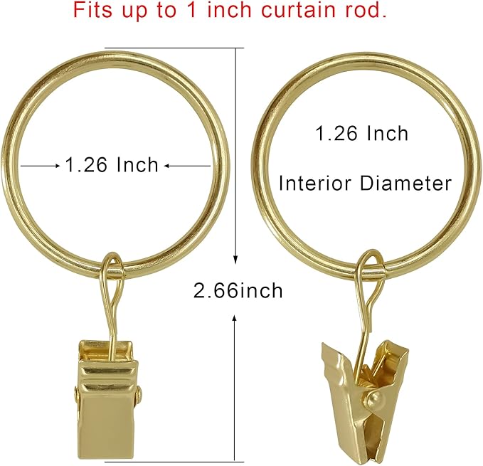 LLPJS 100 Pack Curtain Rings with Clips, Curtain Clip Rings Hooks, Bow Hanger Clips for Hanging Drapery Drapes Bows, Ring 1.26 inch Interior Diameter, Fits up to 1" Rod, Gold