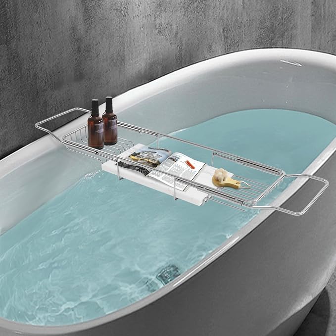 Stainless Steel Bathtub Tray, Expandable Marble Bath Tray for Tub, 44.09 lbs Capacity Bath Caddy for Bathtub Bathroom Accessories for Home Spa (Silver+White)