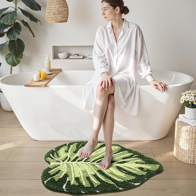 LUMI Bathroom Rug Green Leaf, Absorbent Non Slip Bath Mat, 23.5"x31.5" | Monstera, Soft Plush Microfiber, Quick Dry, Washable Cute Plant for Shower Floor, Bathroom, Sink Bathtub, Bedroom, Kids Room