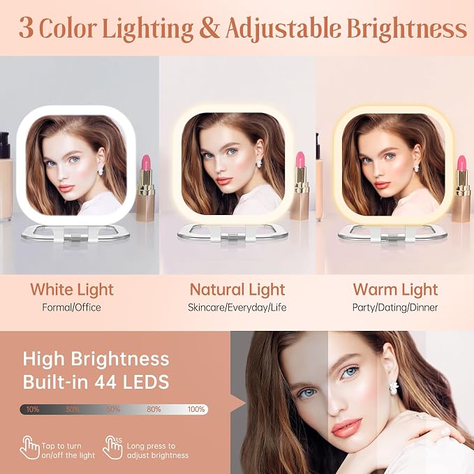 3.5" Rechargeable Travel Makeup Mirror 30X Magnification (White) | Lighted Portable Vanity Mirror with 3 Colors Lighting & Stepless Dimming, Double Sided LED Mirror, Gift for Women