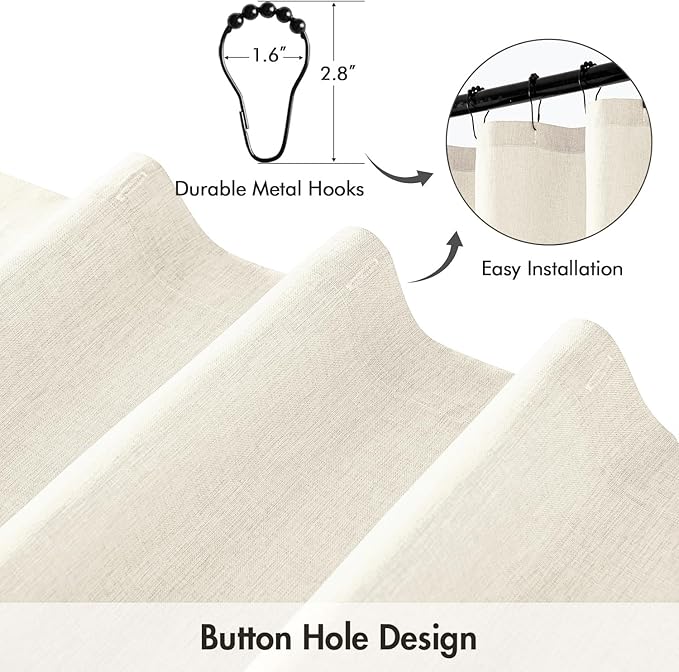 ANRODUO Ivory Extra Long Linen Fabric Shower Curtain Set - W72xL108 | Farmhouse Shower Curtain with 12 Metal Hooks, Waterproof Heavy Duty, Button Hole Design, Machine Washable for Bathroom