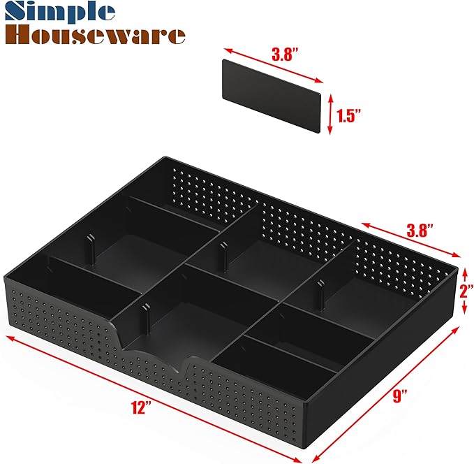 Simple Houseware Drawer Organizer Tray, 9 Compartments, 2-Pack, Black | Adjustable Compartments For Office, Makeup, and Craft Drawer or Desktop Storage