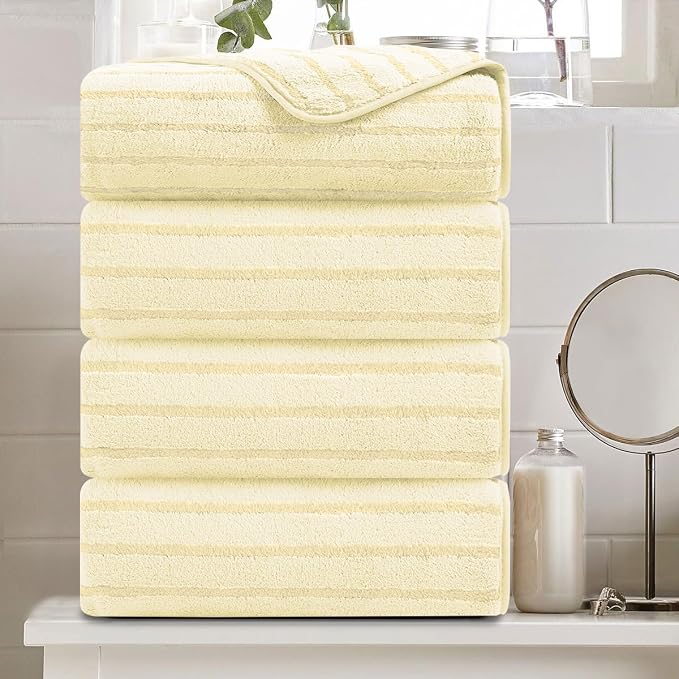 4 Pcs Light Yellow Cabana Stripe Large Bath Towels 35"x70" Oversized Bath Sheet Soft Breathable Jumbo Bathroom Towels Highly Absorbent Shower Towel Quick Dry Beach Chair Towel Spa Gym Hotel Towel Set