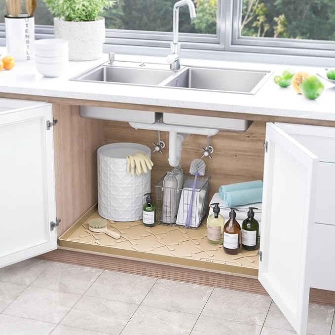 Waterproof Under Sink Mat Silicone 28" x 22" Kitchen Cabinet liner | BPA-Free Silicone Mat with Raised Lip Protects Cabinets from Leaks, Versatile Home Organizer for Bathroom, Pets, Boots, Floor