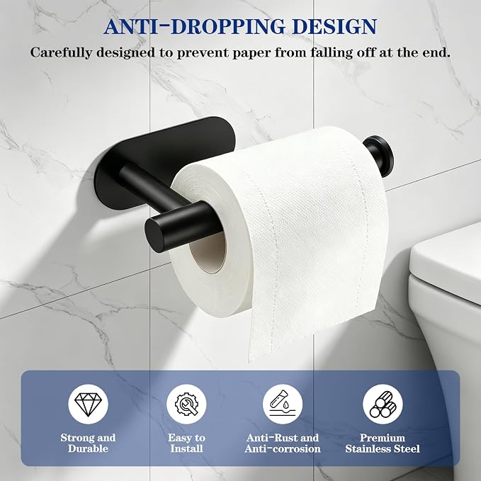 SetSail Adhesive Toilet Paper Holder Wall Mount Matte Black, 2 Packs | No Drill Adhesive,Waterproof and Rustproof Stainless Steel,Wall Mount Design,for Bathroom