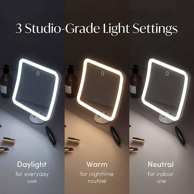 Fancii 20x Magnifying Makeup Mirror with LED Lights, Rechargeable, High Zoom | 7-inch Large Lighted Travel Mirror for Vanity and Bathroom, Dimmable, 3 Light Settings, Strong Suction, 360° Rotation