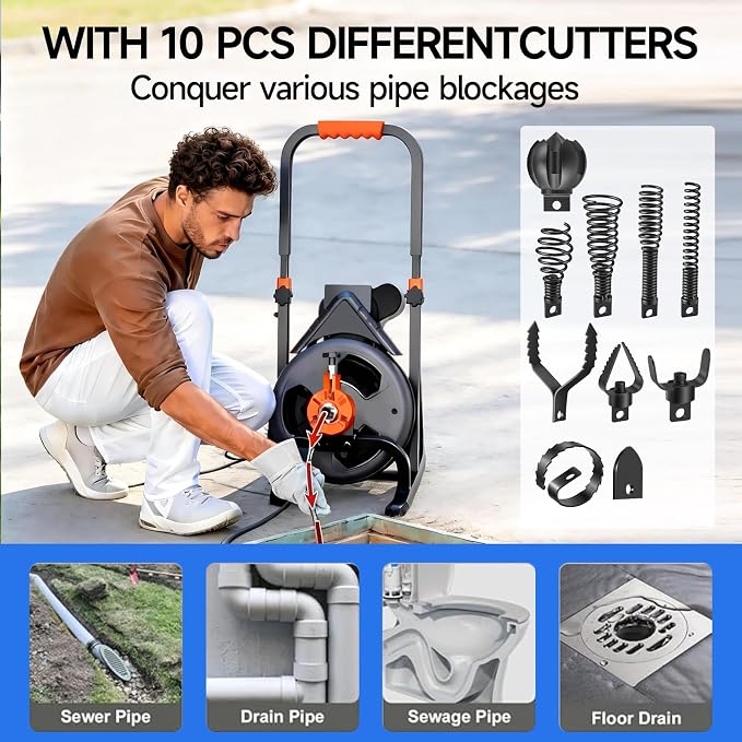 10-Piece Drain Snake Drill Attachment, Cutters Tackle Any Clog with Precision, Compatible with 50FT/75FT/100FT AC Drain Cleaning Machine,Suitable for 5/16-inch to 3/4-inch Drain Snake Cable