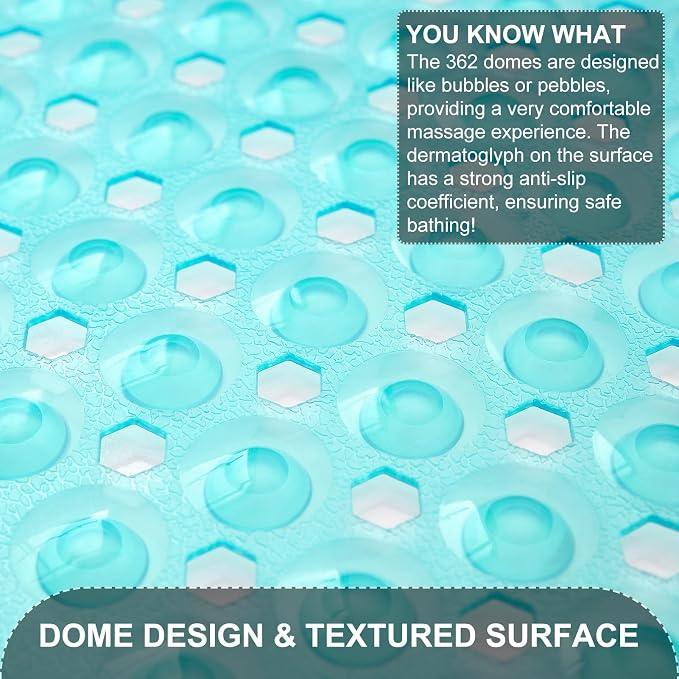 TEESHLY Bath Tub and Shower Mats, Non Slip 40 x 16 Inch Extra Large Bathtub Mat, Machine Washable Bathmat with Drain Holes, Suction Cups for Bathroom Floor, Clear Turquoise